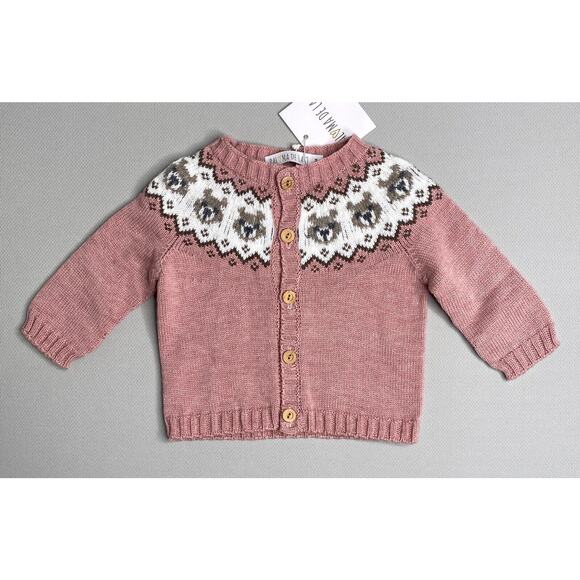 NWT Paloma de la O Pink Fair Isle Bears Cardigan Sweater Girls 6 Mo - Picture 1 of 5